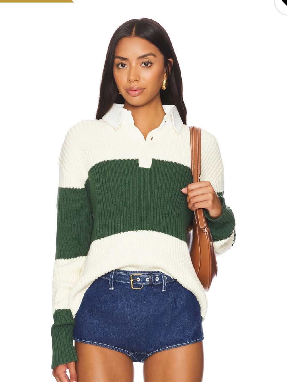 Lioness Green and Cream Ribbed Polo Sweater